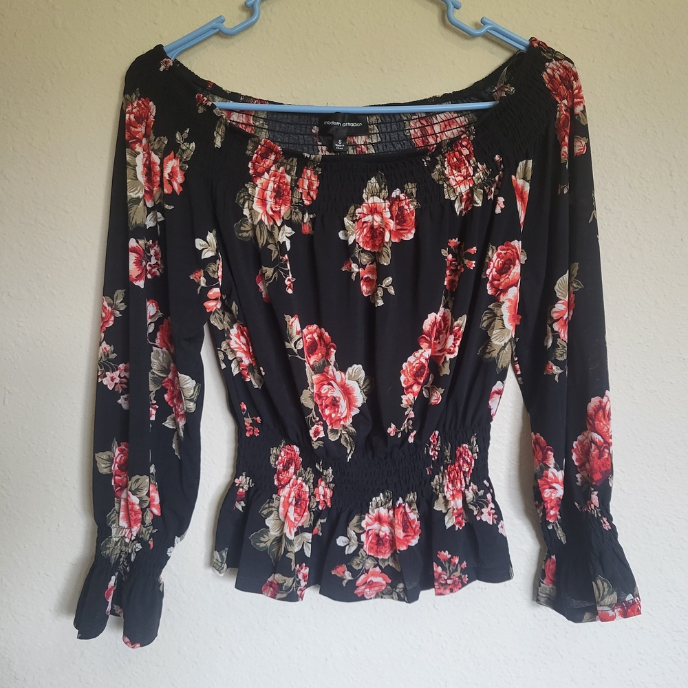Black Floral Smocked Blouse